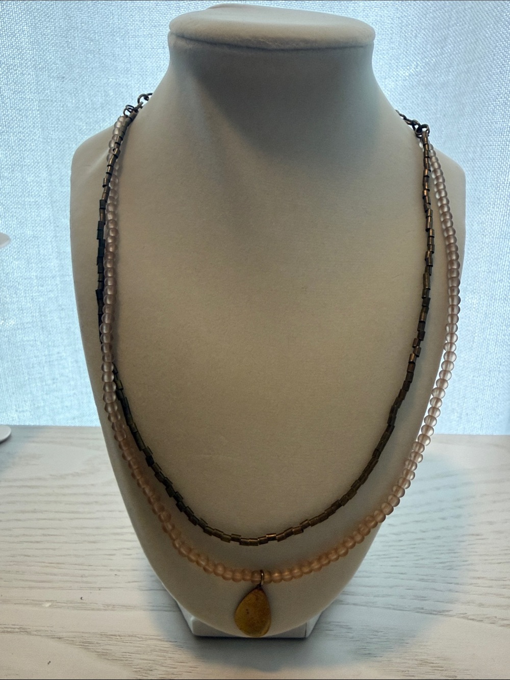 Fossil x Me to We Layered Beige and Brown Beaded Necklace with Teardrop Pendant
